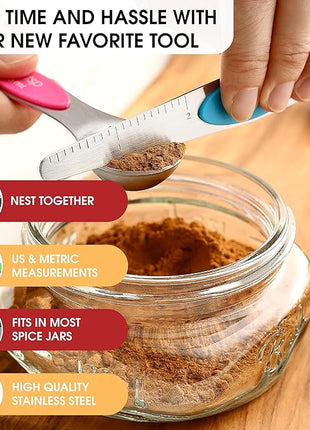 Spring Chef Stainless Steel Magnetic Measuring Spoons Set of 8 with Leveler, Nesting Metal Teaspoon & Tablespoon Measuring Spoons, Kitchen Gadgets for Baking & Cooking, Fits in Most Spice Jars - Neon