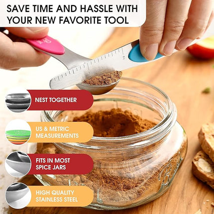 Spring Chef Stainless Steel Magnetic Measuring Spoons Set of 8 with Leveler, Nesting Metal Teaspoon & Tablespoon Measuring Spoons, Kitchen Gadgets for Baking & Cooking, Fits in Most Spice Jars - Neon