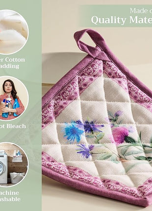 Maison d' Hermine Pot Holders Set 100% Cotton Heat Resistant Potholders 8" x 8" Hot Pads with Loop BBQ, Cooking, Baking, Grilling, Kitchen, Handling Hot Pans Spring/Summer (Pack of 2, Chardon)