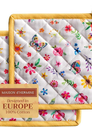 Maison d' Hermine Pot Holders Set 100% Cotton Heat Resistant Potholders 8" x 8" Hot Pads with Loop BBQ, Cooking, Grilling, Kitchen, Handling Hot Pans Spring/Summer (Pack of 2, Happy Florals - Sweety)
