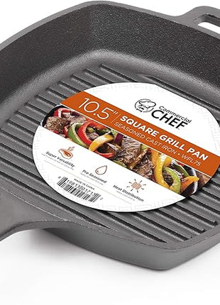 Commercial CHEF Cast Iron Skillet, 10.5” Square Pre-seasoned Cast Iron Pan
