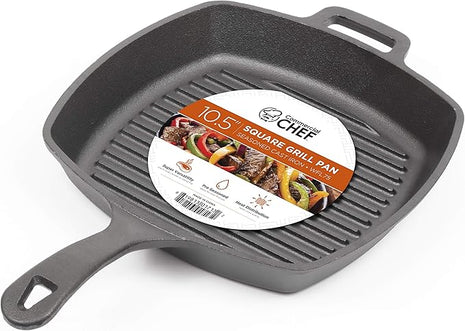 Commercial CHEF Cast Iron Skillet, 10.5” Square Pre-seasoned Cast Iron Pan