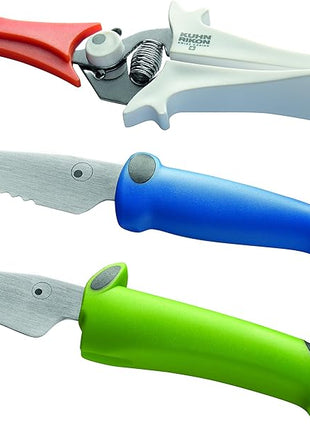 Kuhn Rikon Kinderkitchen® Kids Chef Knife Set With Scissors, 3 Pieces, Green/Blue/White| Cutting Tools Made for Real Cooking | Child Friendly Animal Designs With Hand Guard & Snipper Cover For Safety