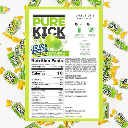 PURE KICK Energy Singles To Go Drink Mix, Jolly Rancher Green Apple, Includes 12 Boxes with 6 Packets in each Box, 72 Total Packets