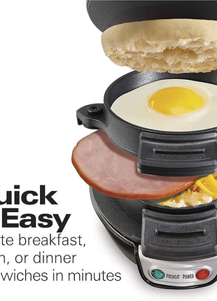 Hamilton Beach Breakfast Sandwich Maker with Egg Cooker Ring, Customize Ingredients, Perfect for English Muffins, Croissants, Mini Waffles, Perfect White Elephant Gifts, Black (25477)