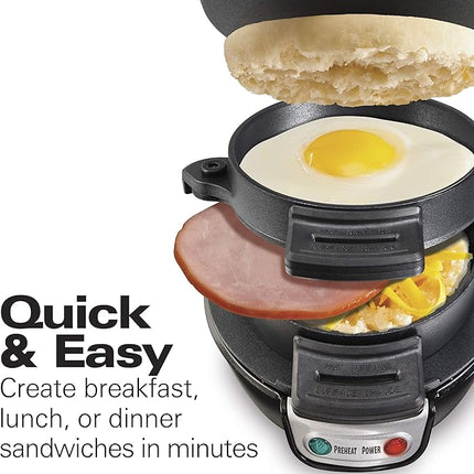 Hamilton Beach Breakfast Sandwich Maker with Egg Cooker Ring, Customize Ingredients, Perfect for English Muffins, Croissants, Mini Waffles, Perfect White Elephant Gifts, Black (25477)