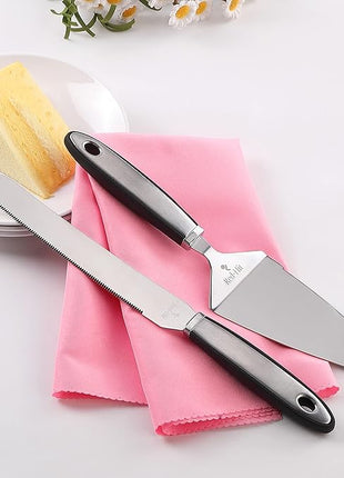 Cake Cutting Set for Wedding Cake Knife and Server Set, Cake Cutter and Pie Spatula, Cake Server and Knife Set of 2 (Plastic Handle, Silver)