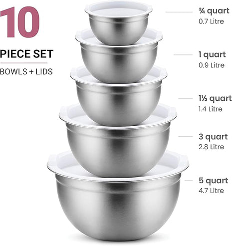 Stainless Steel Mixing Bowls Set with Lids, Home Kitchen Cooking Essentials Household Must Haves for Baking, 5 Pieces