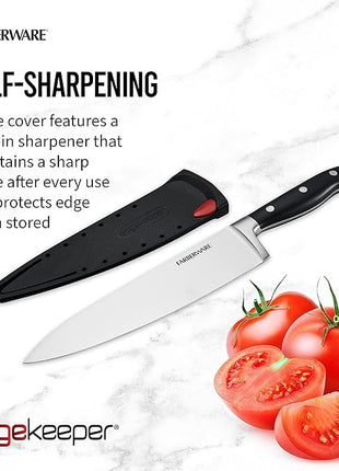 Farberware Edgekeeper 8-Inch Forged Triple Riveted Chef Knife with Self-Sharpening Blade Cover, High Carbon-Stainless Steel Kitchen Knife with Ergonomic Handle, Razor-Sharp Knife, Black