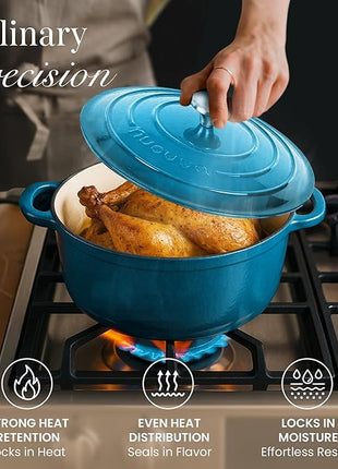 Nuovva Enamelled Cast Iron Dutch Oven Pot with Lid 6.4 Quart Non Stick Casserole Pot – Heavy Duty & Oven Safe up to 500° F for Bread Baking, Braising, Stews, Roasting – 28cm Light Blue