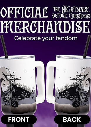 Silver Buffalo Disney Nightmare Before Christmas by Tim Burton Jack Skellington Hill and Moon Stainless Steel Tumbler with Handle and Straw, Fits in Standard Cup Holder, 40 Ounces