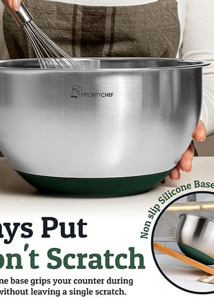 Priority Chef Stainless Steel Mixing Bowls with Lids Set, Metal Nesting Bowls with Airtight Lids, Graters, Non-Slip Base & Measurement Marks, Includes Utensil Set for Prep, Baking & Storage, Green