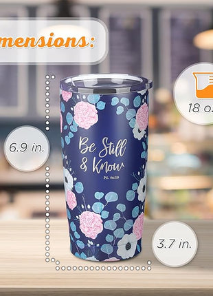 Christian Art Gifts Stainless Steel Double-Wall Vacuum Insulated Travel Mug 18 oz Navy Blue with Pink Floral Tumbler with Lid for Women with Inspirational Bible Verse - Be Still & Know -Psalm 46:10