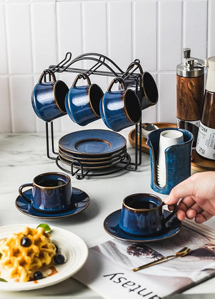 YHOSSEUN Espresso Cups Set of 6, 4 OZ Expresso Shots Cup Small Coffee Cup with Sacuers Metal Stand, Ceramic Espresso Cups for Cappuccino, Latte, Cafe Mocha and Tea, Blue