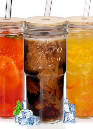ANOTION Glass Cups with Lids and Straws, 24 oz Travel Coffee Mug Wide Mouth Mason Jar Iced Coffee Cup Smoothie Cup Glass Tumbler Tea Cup Clear Cups Cute Water Cups Drinking Glasses 3 Packs