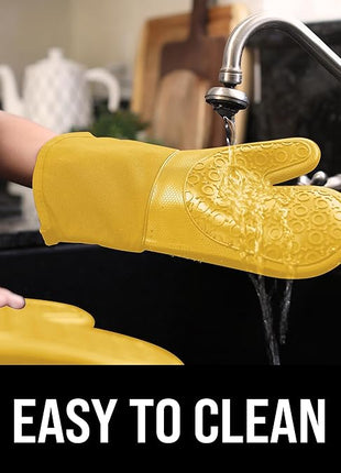 BPA-Free Soft Silicone Oven Mitts - Ultra Heat Resistant Oven Mitts with Thick Cotton Liner - Long Slip Resistant Pot Holders, Flexible Oven Gloves - Yellow 13.7"
