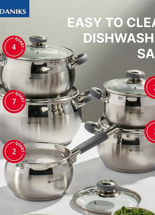 Daniks Modern 10-Piece Stainless Steel Induction Cookware Set – Dishwasher Safe Saucepan, Pots with Heatproof Handles, Glass Lids, Silver