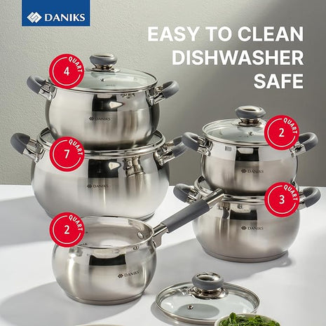 Daniks Modern 10-Piece Stainless Steel Induction Cookware Set – Dishwasher Safe Saucepan, Pots with Heatproof Handles, Glass Lids, Silver