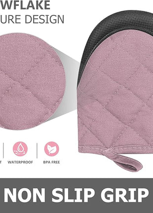 1 Pair Short Oven Mitts - Silicone Kitchen Oven Gloves High Heat Resistant 500℉, Mini Oven Mits with Non-Slip Grip Surfaces and Hanging Loop for BBQ, Baking, Cooking and Grilling (Pink)