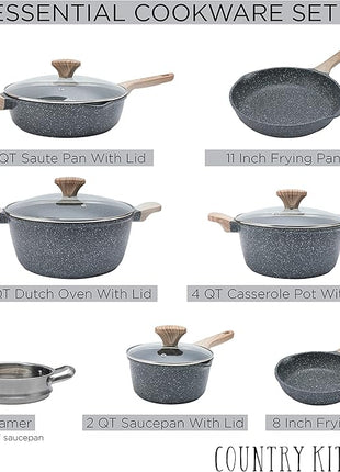 Country Kitchen Non-Stick Cast Aluminum Cookware Set - Durable Kitchen Cookware for Everyday Cooking, Grey, 11 Pc.
