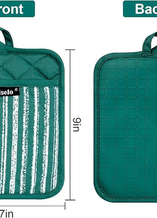 Silicone Pot Holders Set of 3 Heat Resistant & Non Slip Potholders, Professional Oven Hot Pads with Pockets Mitts for Kitchen Cooking Baking Barbecue (Emerald Green, 3)