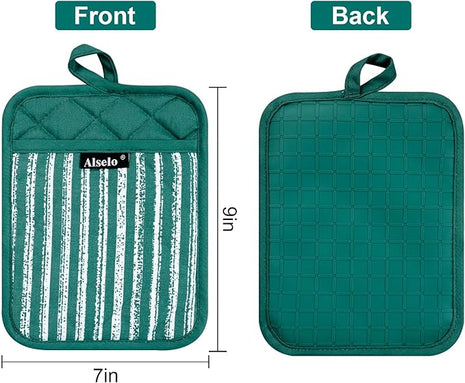 Silicone Pot Holders Set of 3 Heat Resistant & Non Slip Potholders, Professional Oven Hot Pads with Pockets Mitts for Kitchen Cooking Baking Barbecue (Emerald Green, 3)