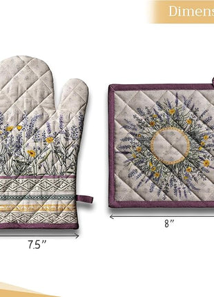 Maison d' Hermine 100% Cotton Oven Mitt & Pot Holder Set (7.5"x13" & 8"x8") Heat Resistant BBQ Cooking Gloves with Loop, Baking, Grilling, Kitchen, Handling Hot Pans Spring/Summer (Fanny Lavender)