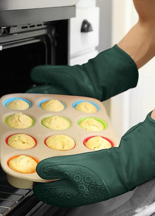 BPA-Free Silicone Oven Mitts Ultra Heat Resistant up to 500°F - Oven Mitts with Thick Cotton Liner - Long Slip Resistant Pot Holders, Flexible Oven Gloves - Green 13.7
