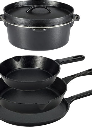 Amazon Basics Pre-Seasoned Cast Iron 5 Pieces Kitchen Pots and Pans Cookware Set, Black, 14.17 x 12.2 x 10.63 in