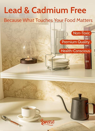 Sweese Porcelain Espresso Cups Set, 4 oz Stackable Cups with Saucers Metal Stand, Set of 4, White