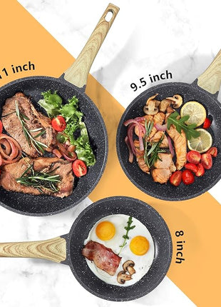GiPP Non Stick Frying Pan Set - 8" 9.5" 11" Granite Nonstick Skillets, Non Toxic, Omelette Pan with Stay Cool Handle, Induction Compatible, PFAS/PTFE/PFOA Free, Grey