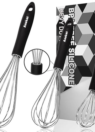 3 Packs Stainless Steel Whisk Set - Balloon Whisk, Anaeat Thick Stainless Steel Wire ＆ Strong Handles, Egg Beater for Cooking, Blending, Whisking, Beating and Stirring (8.5"+10.5"+12")
