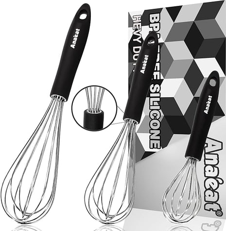 3 Packs Stainless Steel Whisk Set - Balloon Whisk, Anaeat Thick Stainless Steel Wire ＆ Strong Handles, Egg Beater for Cooking, Blending, Whisking, Beating and Stirring (8.5"+10.5"+12")