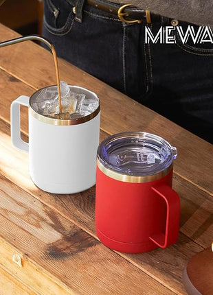 MEWAY 12oz Coffee Mug With Handle 4 Pack Bulk,Stainless Steel Insulated Travel Tumblers With Sliding Lid,Double Wall Vacuum Camping Cup for Hot & Cold Drinks Tea (White,Set of 4)