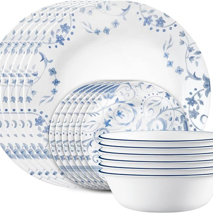 Corelle Vitrelle 18-Piece Service for 6 Dinnerware Set, Triple Layer Glass and Chip Resistant, Lightweight Round Plates and Bowls Set, Darlington