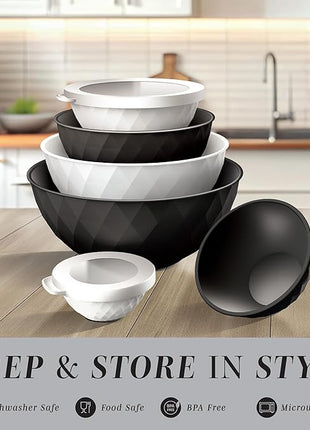 COOK WITH COLOR Mixing Bowls with Lids - 12 Piece Plastic Nesting Bowls Set includes 6 Prep Bowls and 6 Lids, Diamond Design - Microwave Safe, Black and White