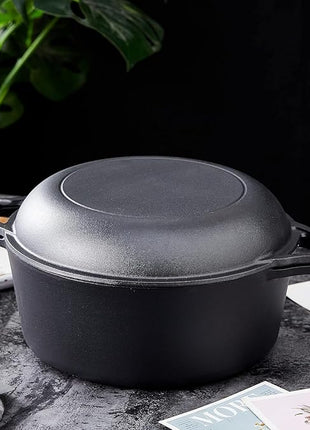 Bruntmor Pre-Seasoned Cast Iron Double Dutch Oven with Skillet Lid - 7 Quart All-in-One Casserole and Braising Pan - Heavy Duty and Oven Safe Black Cookware for Versatile Cooking - 14.7 x 6.9 Inches