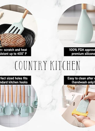 Country Kitchen Non Stick Silicone Utensil Set with Rounded Wood Handles for Cooking and Baking, 38 Piece Set, Mint