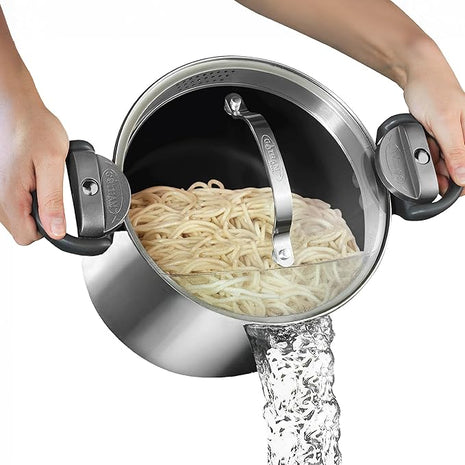 GOTHAM STEEL 8 Qt Stainless Steel Stock Pot Multipurpose Pasta Pot with Strainer Lid & Twist and Lock Handles, for Soup, Spaghetti, Rice, Induction Ready, Dishwasher Safe