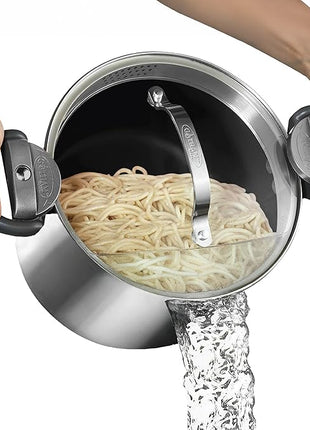 GOTHAM STEEL 5 Qt Stainless Steel Stock Pot Multipurpose Pasta Pot with Strainer Lid & Twist and Lock Handles, for Soup, Spaghetti, Rice, Induction Ready, Dishwasher Safe