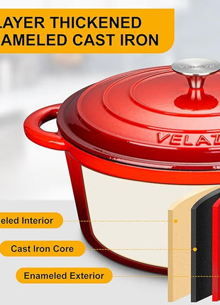 Velaze 7.5 QT Dutch Oven Pot with Lid, Enameled Cast Iron Dutch Oven with Dual Handles for Sourdough Bread Baking, Cooking, Non-stick Enamel Coated Cookware (RED)