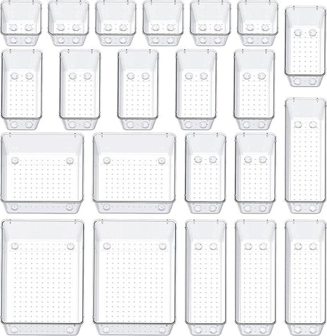 SMARTAKE 22-Piece Drawer Organizer with Non-Slip Silicone Pads, 5-Size Clear Desk Drawer Organizer Trays Storage Tray for Makeup, Jewelries, Utensils in Bedroom Dresser, Office and Kitchen, Clear