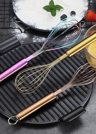 Berglander Colorful Whisks Set - Stainless Steel 8" Gold, 10" Rose Gold, 12" Rainbow Wire Whisks for Cooking