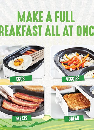 GreenLife 3-in-1 Breakfast Maker Station, Healthy Ceramic Nonstick Dual Griddles for Eggs Meat Sausage Bacon Pancakes and Breakfast Sandwiches, 2 Slice Toast Drawer, Easy-to-use Timer, White