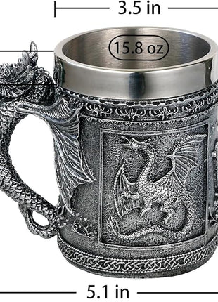 Medieval Roaring Dragon Coffee Mug - Dungeons and Dragons Beer Stein Tankard Drink Cup - 15.8oz Stainless Mug for GOT Dragon Lovers Collector Ideal Novelty Gothic Father Day Gift Party Decoration