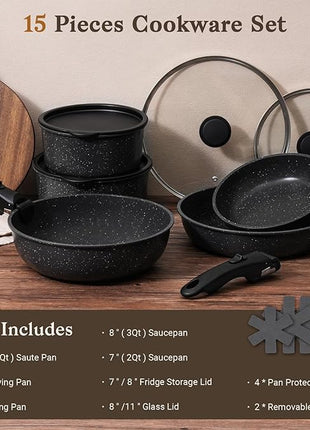 15Pcs Pots and Pans Set Non Stick, Cookware Sets with Detachable Handle, Nonstick RV Kitchen Cooking Tools Removable Handles, Oven Safe, Induction Fast, Stackable Induction Cookware,Black