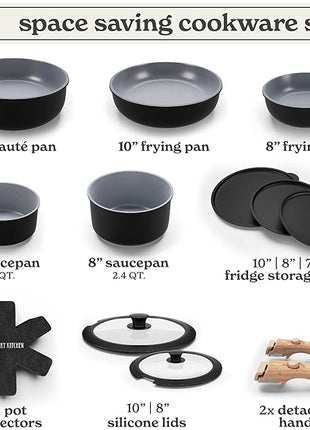 Country Kitchen Cookware Set with Removable Handle, Oven & RV Safe Pots and Pans Set, Black/Grey Wood Handle, Original