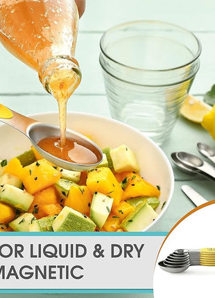 Spring Chef Magnetic Measuring Spoons Set, Dual Sided, Stainless Steel, Fits in Spice Jars, Yellow, Set of 8, 2 Pack