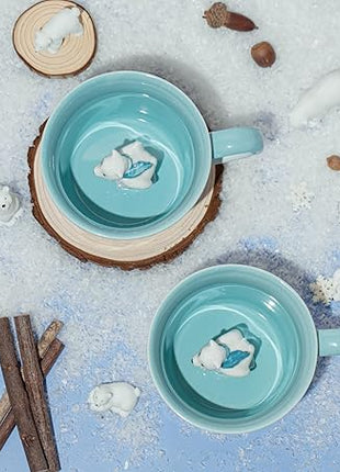 DIHOclub Skiing Polar Bear Ceramic Cup Hidden Animal Inside Mug Cute Cartoon Handmade Figurine Mugs,Holiday and Birthday Gift for Coffee Milk Tea Lovers,12 OZ(Blue White)