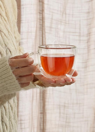 CNGLASS Double Wall Glass Cappuccino Mugs 8.1oz,Clear Insulated Glass Coffee Mug with Handle for Espresso,Latte,Tea,Set of 2